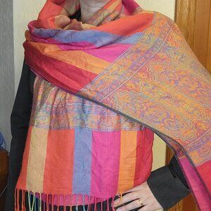 Large Woven Paisley Striped Shawl Wrap Fringe 27x80" Red Orange Fuchsia — AS-IS